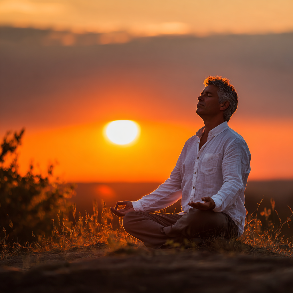 Чоловік 60 років медитує на природі в позі лотоса захід сонця спокій