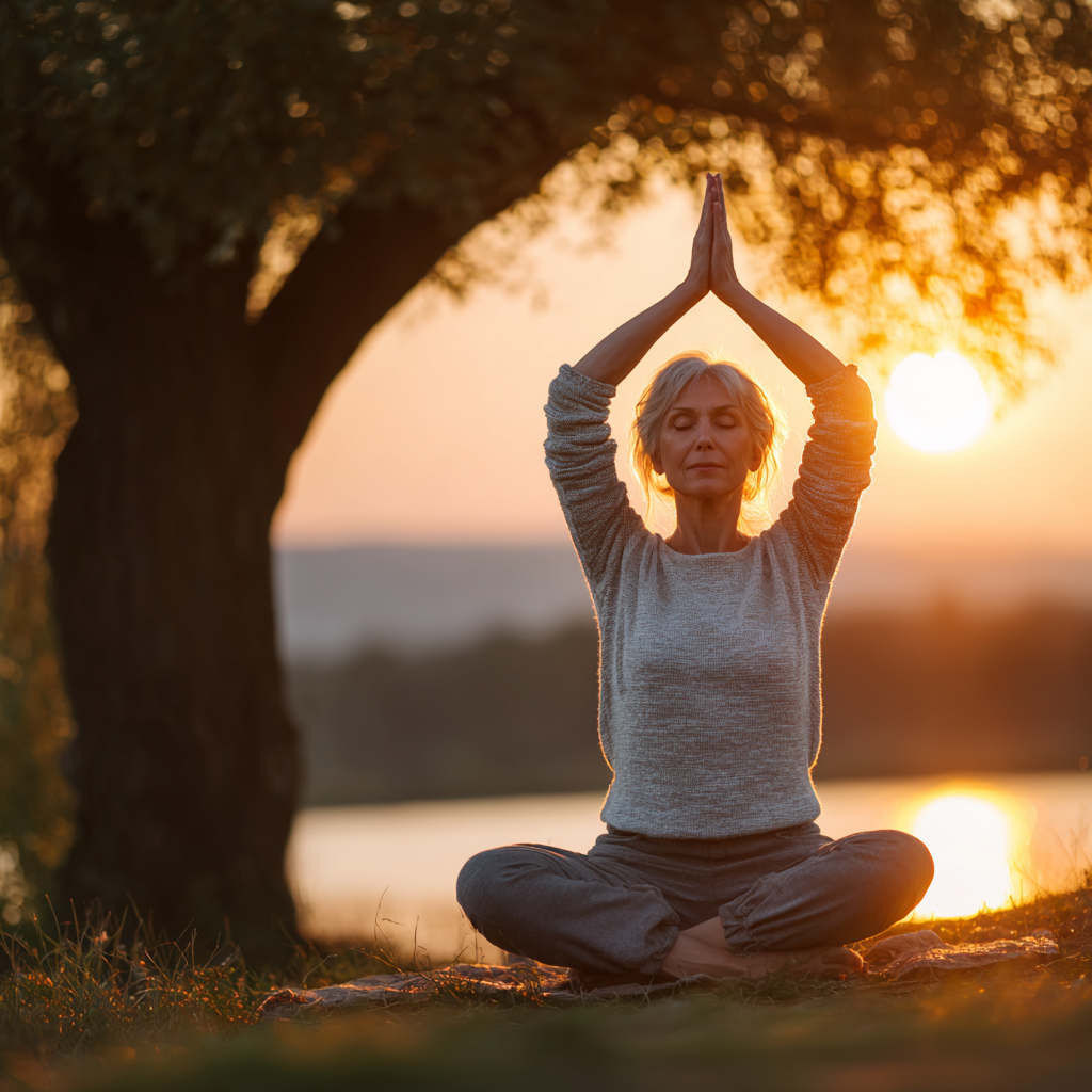 Жінка 55 років виконує позу йоги асана медитація на природі захід сонця