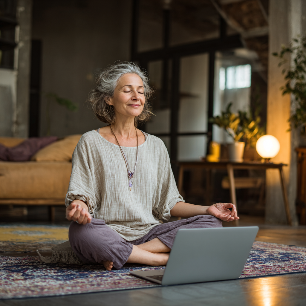Жінка 58 років займається йогою вдома онлайн заняття ноутбук зручна атмосфера